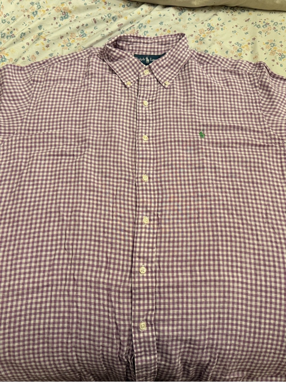 Ralph Lauren Button Down Men XL Purple Gingham 100% Linen Short Sleeve Shirt